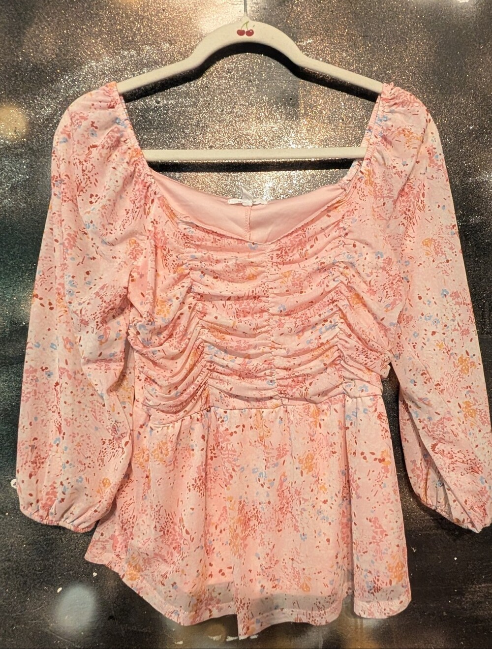 Maurices Pink Ruched Floral Peasant Blouse